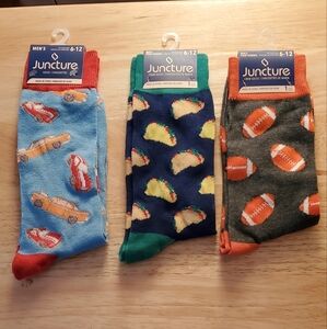 Juncture 3 Pairs of Mens Crew Race Cars, Tacos, and Football Socks New